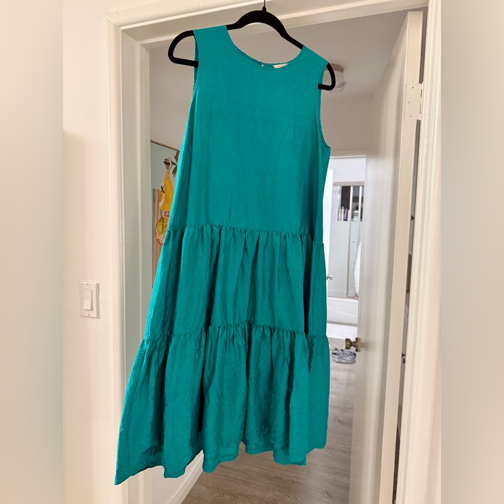 100% Silk Teal Tiered Midi Dress